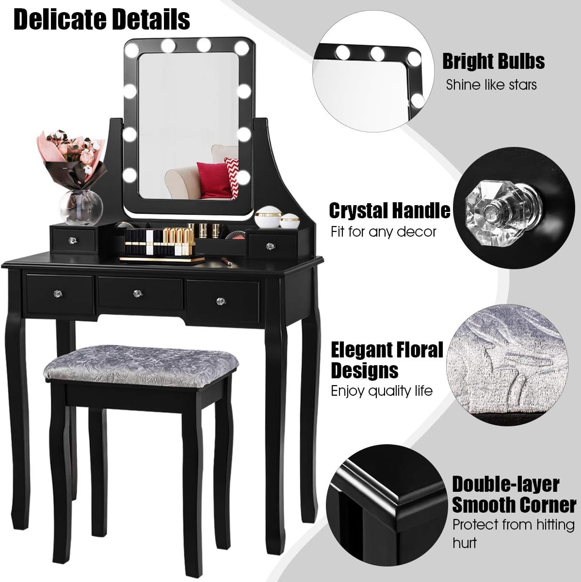 DORTALA Vanity Table Set w/ 360-Degree Rectangular Mirror & Cushioned Stool, Makeup Table w/ 10 LED Dimmable Bulbs, Bedroom Wood Dressing Table w/ 5 Drawers & Removable Box Organizer, Black
