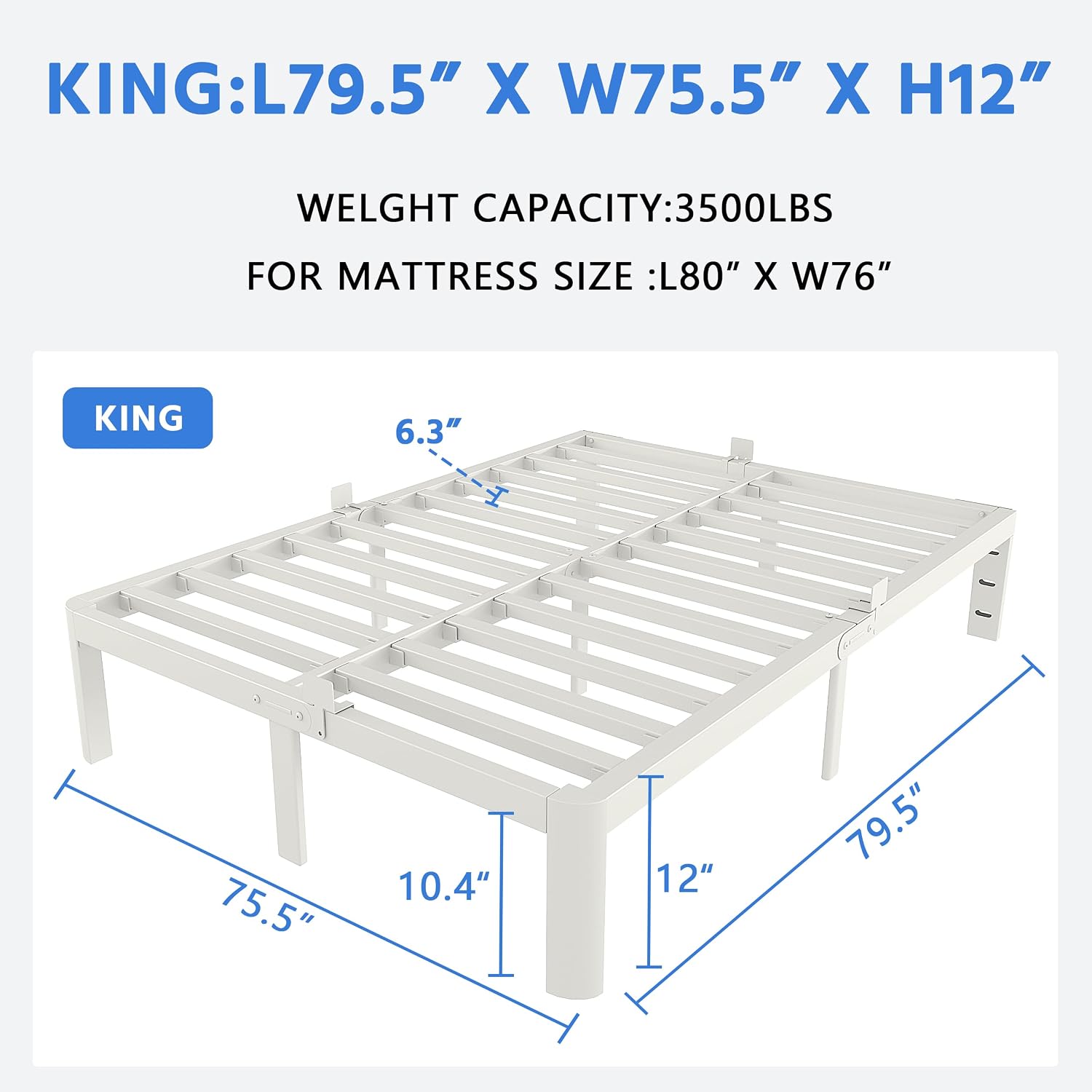White King Size Bed Frame 12 Inch, Metal Camas King Bed Frame No Box Spring Needed, Heavy Duty Steel Support 3500 LBS, DIY Headboard, Noiseless, Round Corner Legs, Storage Space, Easy Assembly