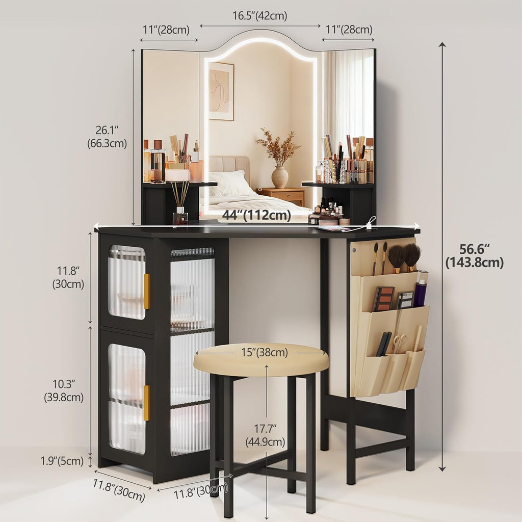 LVSOMT Corner Vanity Desk with Mirror and Lights, Makeup Vanity with Charging Station, Dressing Table with 3 Lighting Options, Vanity Set with Stool, Women's Vanity for Bedroom, Black