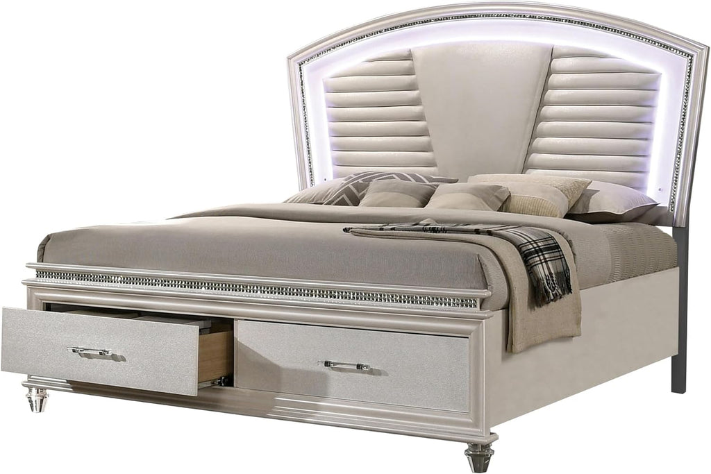 HOMES: Inside + Out Bevill Wood 2-Piece Bedroom Set, King Size Platform Bed with LED Light, Upholstered Headboard and 2-Drawer Nightstand, No Box Spring Required, Pearl White