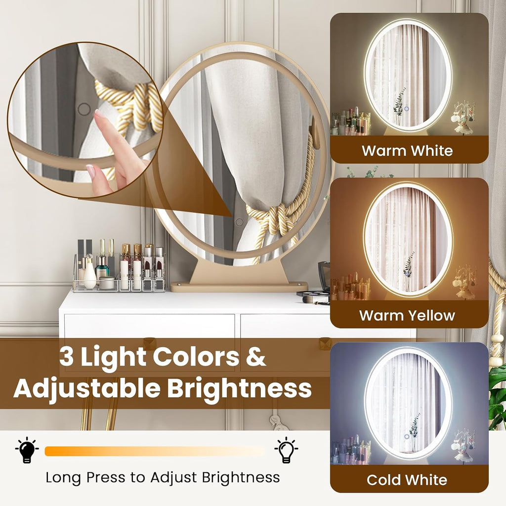 COSTWAY Vanity Desk with Mirror and Lights, Makeup Dressing Table Set w/ 3 Color Lighting Modes & Adjustable Brightness, Vanity Mirror with Desk and Stool for Bedroom Small Spaces (White)