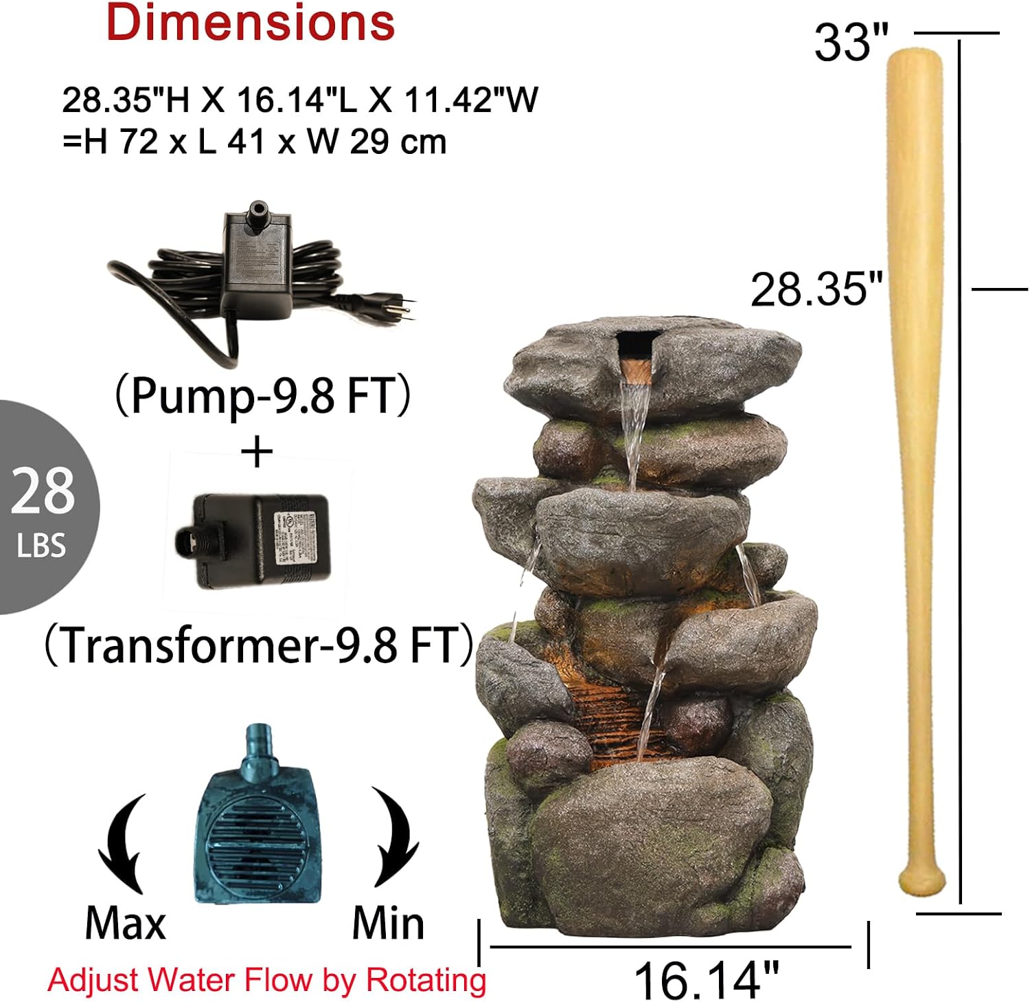 Bumilgar The 4-Tiered Water Fountain Outdoor&Indoor Fountain with Lights, 28.35' Waterfall Fountain for Garden, Patio, Yard, and Lawn, Natural Stone Look Water Features Outdoor Patio