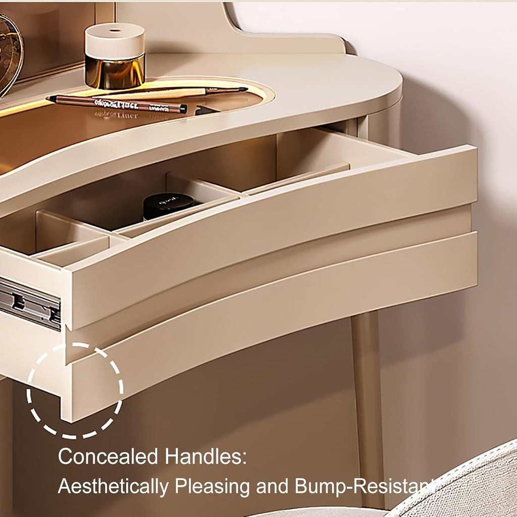 Corner Dressing Table for Small Spaces – French Cream Style Triangle Vanity Desk with Drawer, Side Shelves, Space-Saving Makeup Table for Bedroom