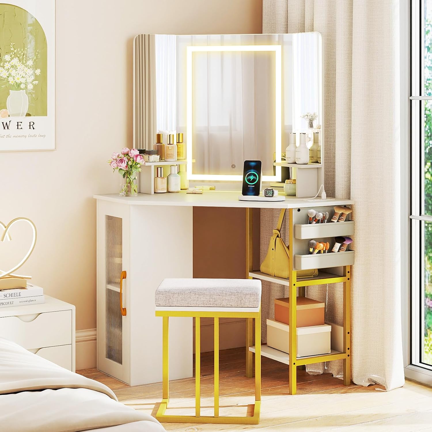 CHARMAID Corner Vanity Desk with Lighted Tri-Fold Mirror, Makeup Table with Charging Station, Fluted Door Cabinet, Storage Shelves, Space Saving Dressing Table with Stool for Bedroom, White & Gold