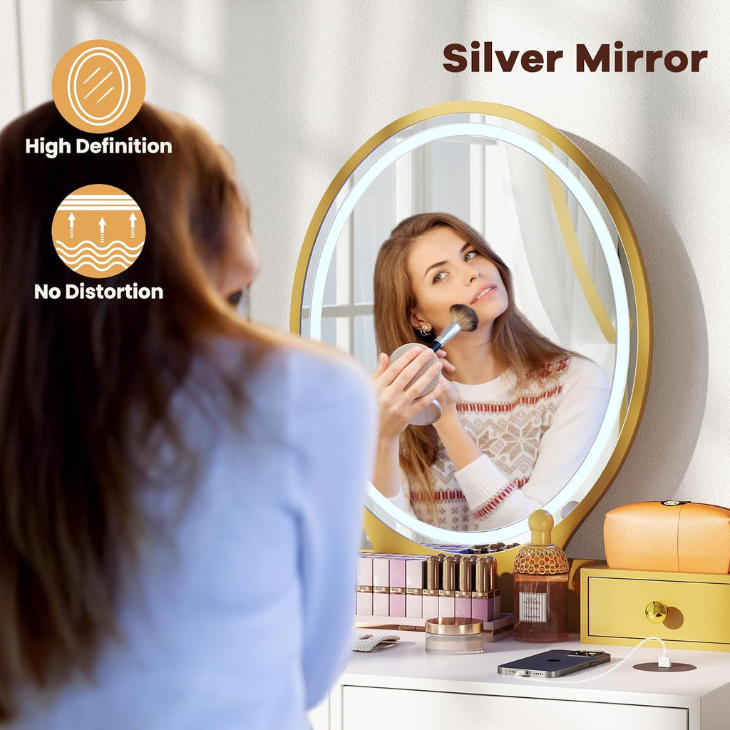 COSTWAY Vanity Desk Set with Mirror and Lights, Vanity Mirror with 3 Color Lighting Modes & Adjustable Brightness, Makeup Dressing Table with Cushioned Stool for Women Girls (White & Golden)