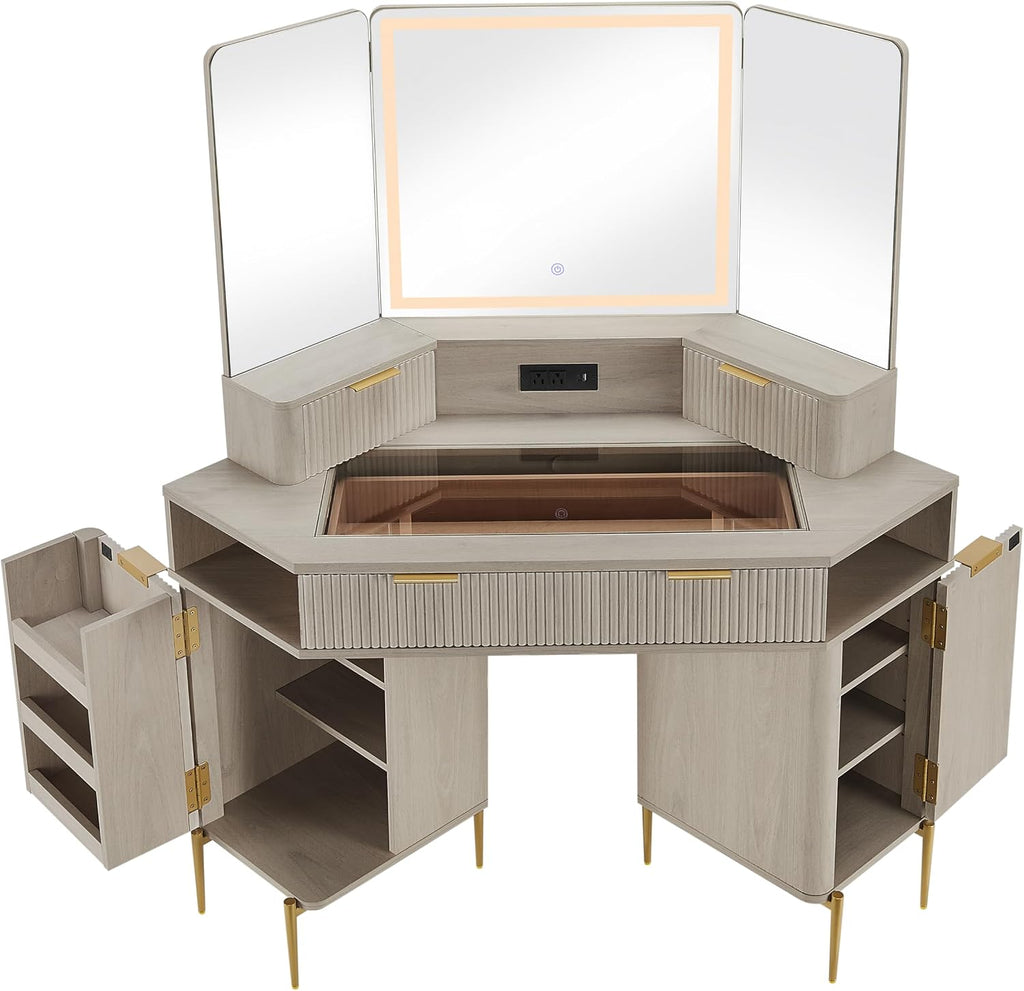 T4TREAM 48' Fluted Makeup Vanity Desk with HD Triple Mirror and Lights, Large Lighted Corner Vanity with Glass Top, Modern Dressing Table with 3 Drawers & 2 Cabinets for Bedroom, White Alder
