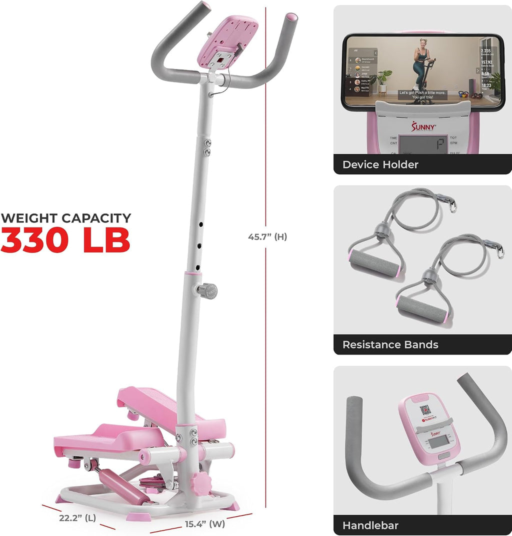 Sunny Health & Fitness Total Body 2-in-1 Smart Stepper Machine for Home with Handlebar and Resistance Bands