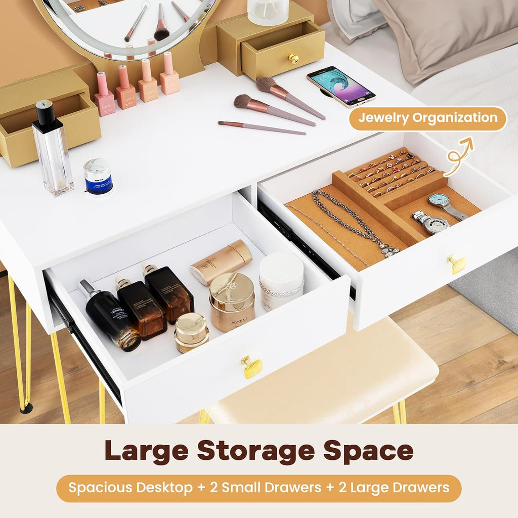 COSTWAY Vanity Desk Set with Mirror and Lights, Vanity Mirror with 3 Color Lighting Modes & Adjustable Brightness, Makeup Dressing Table with Cushioned Stool for Women Girls (White & Golden)