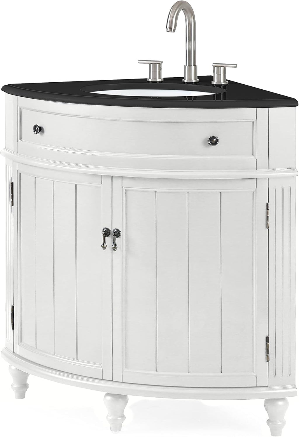 Tennant Brand 24-Inch Triadsville Free Standing Corner Bathroom Sink Vanity for Small Space, Fully Assembled, White Porcelain with Black Granite Top, White Cabinet