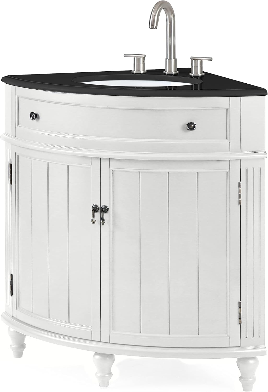 Tennant Brand 24-Inch Triadsville Free Standing Corner Bathroom Sink Vanity for Small Space, Fully Assembled, White Porcelain with Black Granite Top, White Cabinet