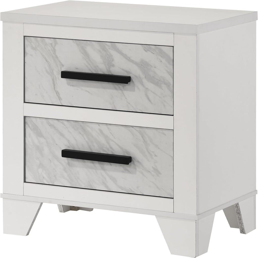 Furniture of America Anton Modern Solid Wood 3-Piece Bedroom Set with Faux Marble Headboard Bed, Metal Center Glide on Nightstand and Chest, Box Spring Needed for Bedroom, Guest Room, King, White