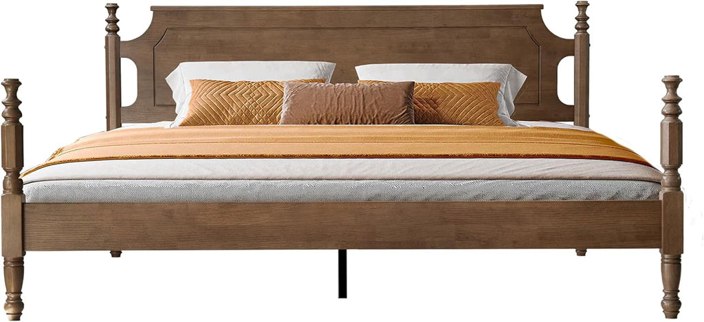 Solid Wood King Size Bed Frame with Headboard & Footboard, Platform Bed, Central Metal Legs, 12 Sturdy Slats, Under Bed Storage, Easy Assembly, Noise-Free & Anti-Slip, Barnwood Finish, ROK-30