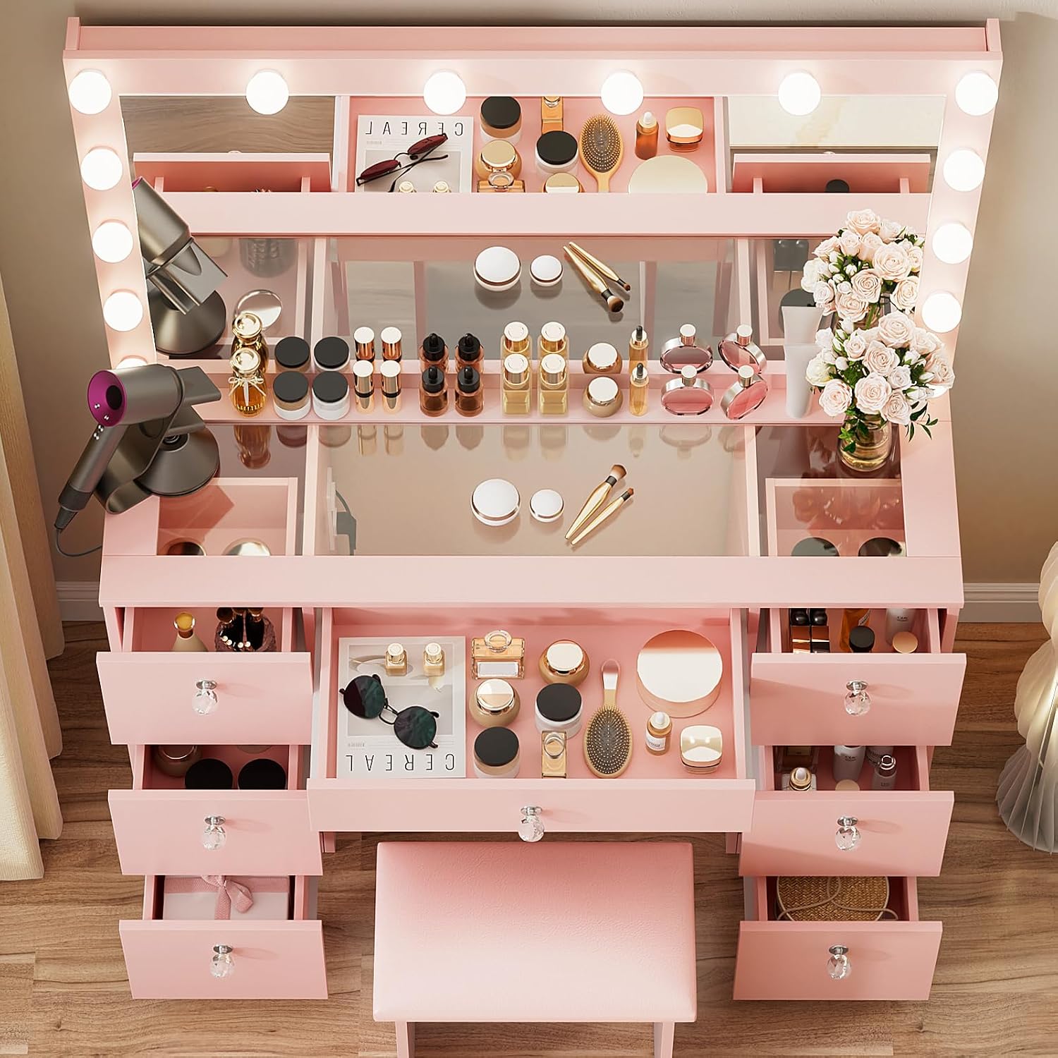 VOWNER Vanity with Lighted Mirror - Glass Top Makeup Vanity Desk with 7 Drawers and Power Outlet, 3 Color Lighting Modes Adjustable Brightness, 44' Vanity Table with Stool for Women Girls, Pink