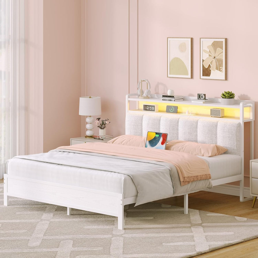 IMMERSTABLE Queen Bed Frames with LED Lights and Charging Station, Metal Platform Queen Size Bed Frame with Upholstered Storage Headboard, Heavy Duty Metal Slat Support, Easy Assembly, White