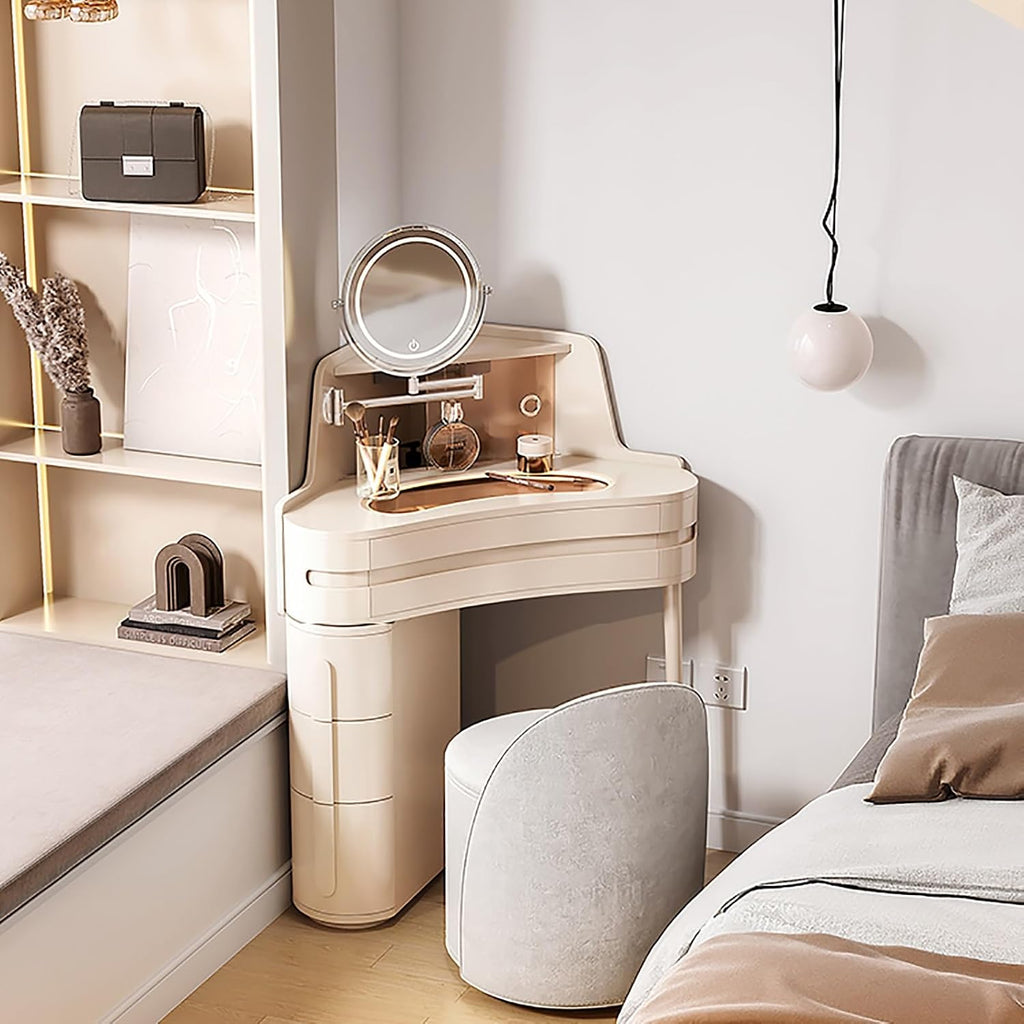 Corner Dressing Table for Small Spaces – French Cream Style Triangle Vanity Desk with Drawer, Side Shelves, Space-Saving Makeup Table for Bedroom