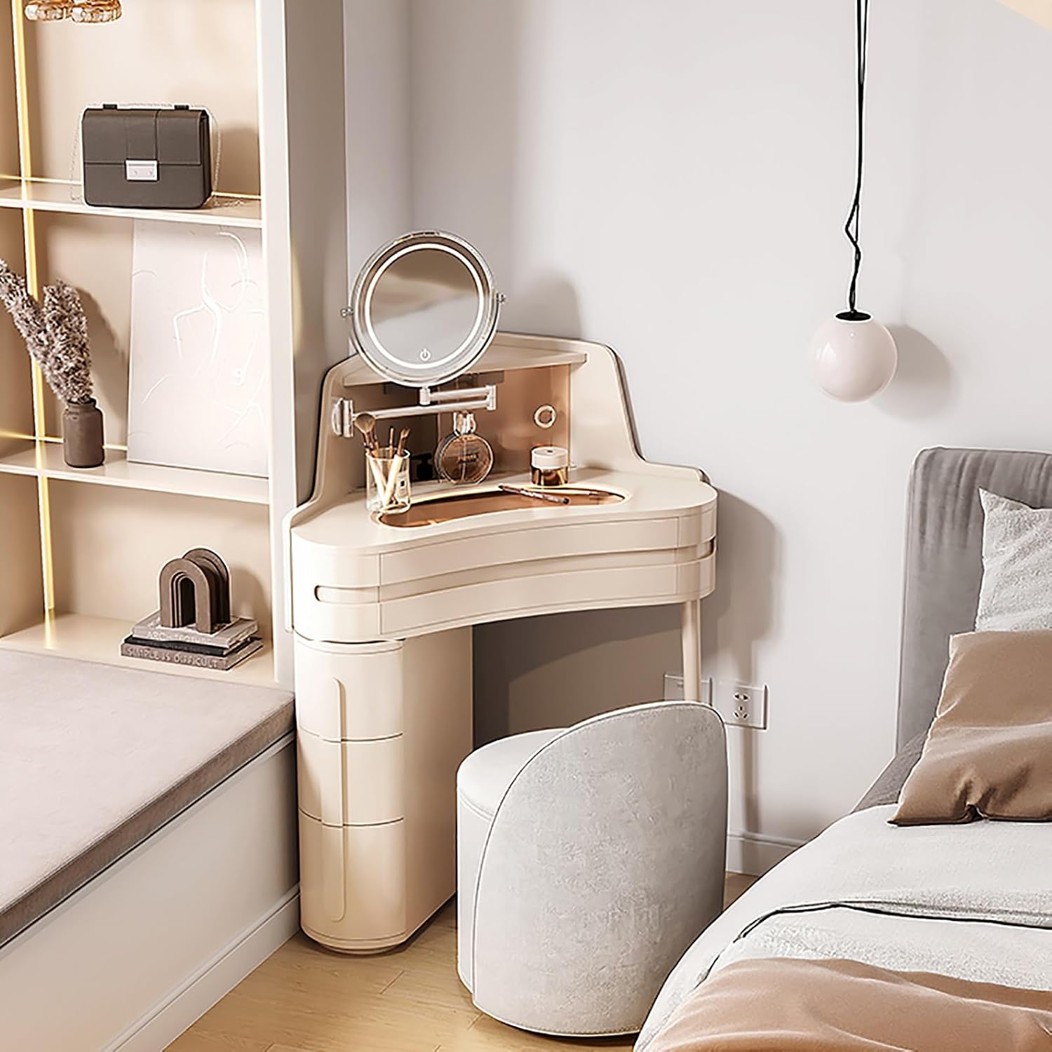Corner Dressing Table for Small Spaces – French Cream Style Triangle Vanity Desk with Drawer, Side Shelves, Space-Saving Makeup Table for Bedroom