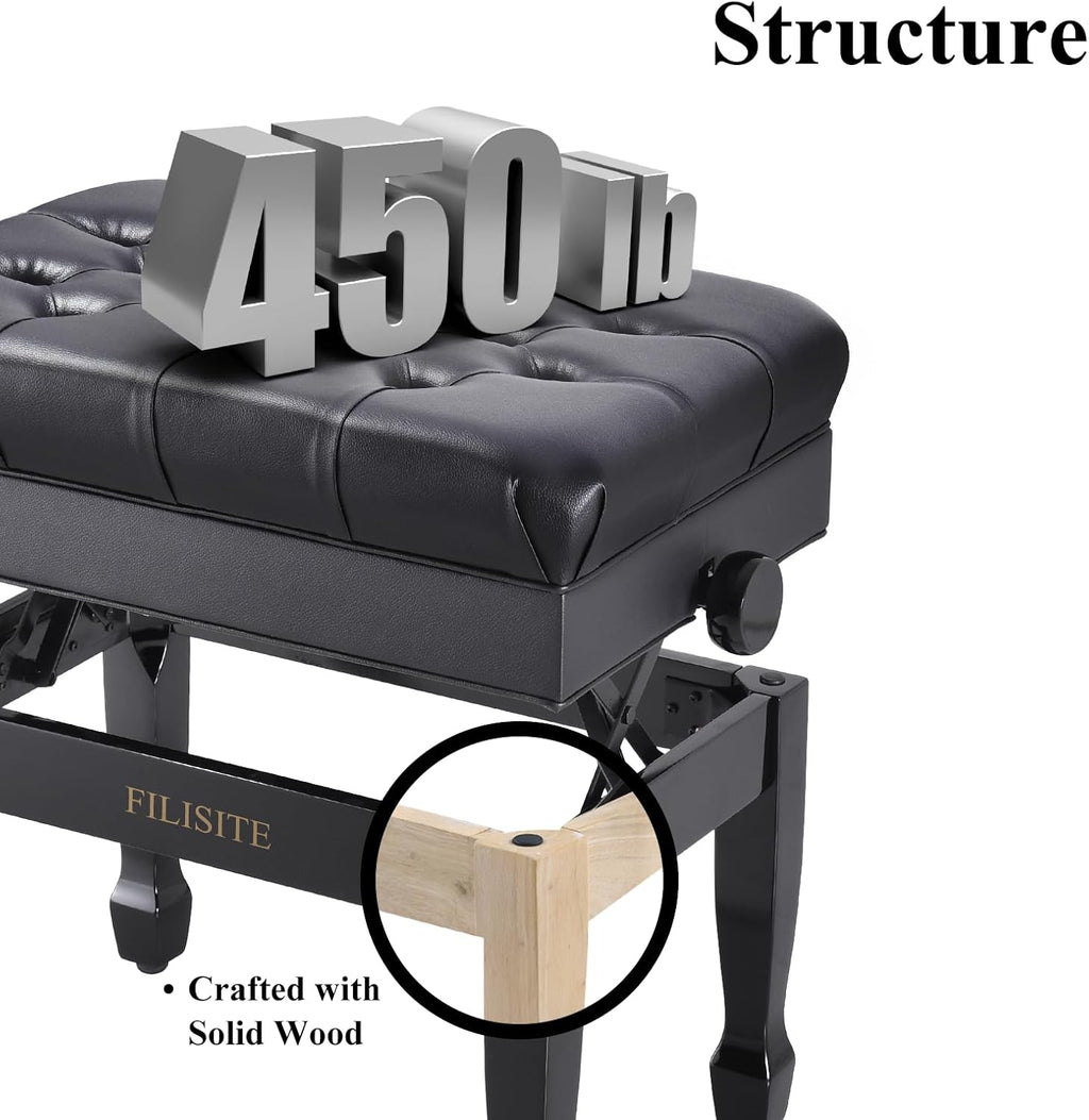 Adjustable Height Piano Bench with Storage, Heavy Duty Solid Wood Piano Stool Keyboard Bench with PU Leather Padded Cushion(Black)