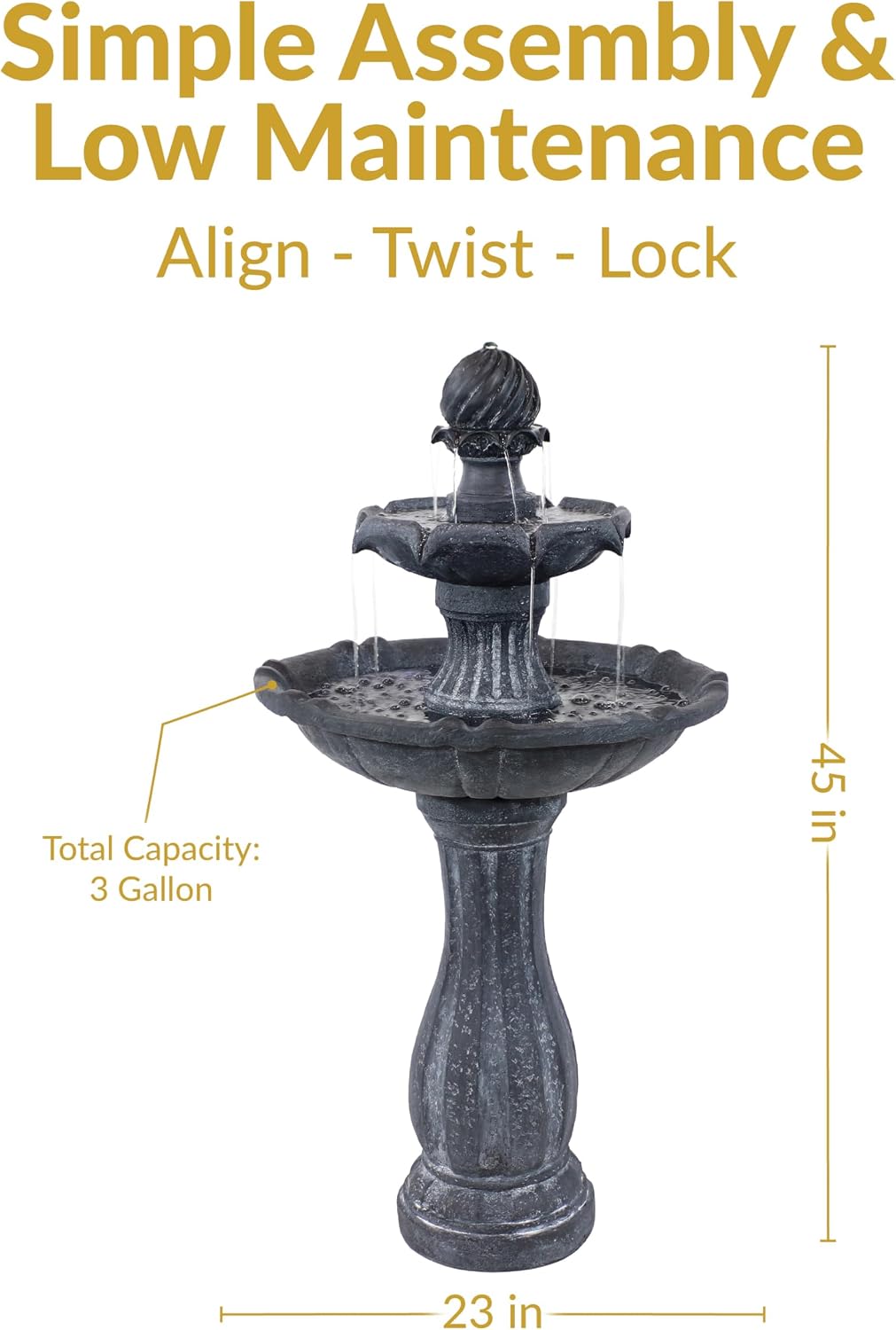 Sunnydaze 45-Inch 2-Tier Arcade Outdoor Solar Water Fountain - Outdoor Water Feature with LED Light for Garden, Patio, Yard or Balcony - Black