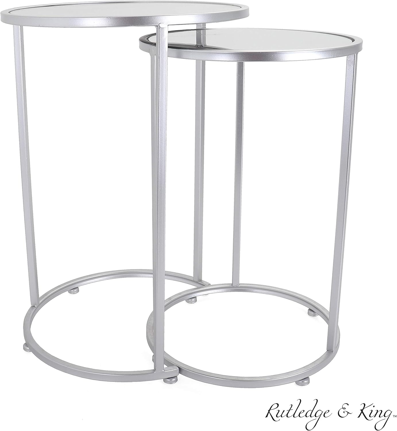 Rutledge & King Round End Table Set - Silver End Tables with Mirrored Tops - Nesting Round Accent Tables - Silver and Mirrored Metal Side Tables Odessa End Table Set