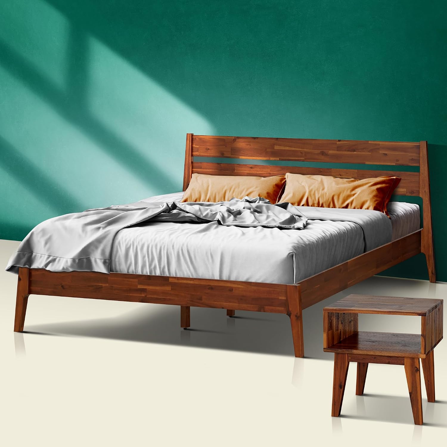 Acacia Callisto Queen Solid Wood Platform Bed Frame with Headboard – Gift Matching Nightstand Included, Mid-Century Modern, Walnut Finish, No Box Spring Needed, Sturdy, Easy Assembly