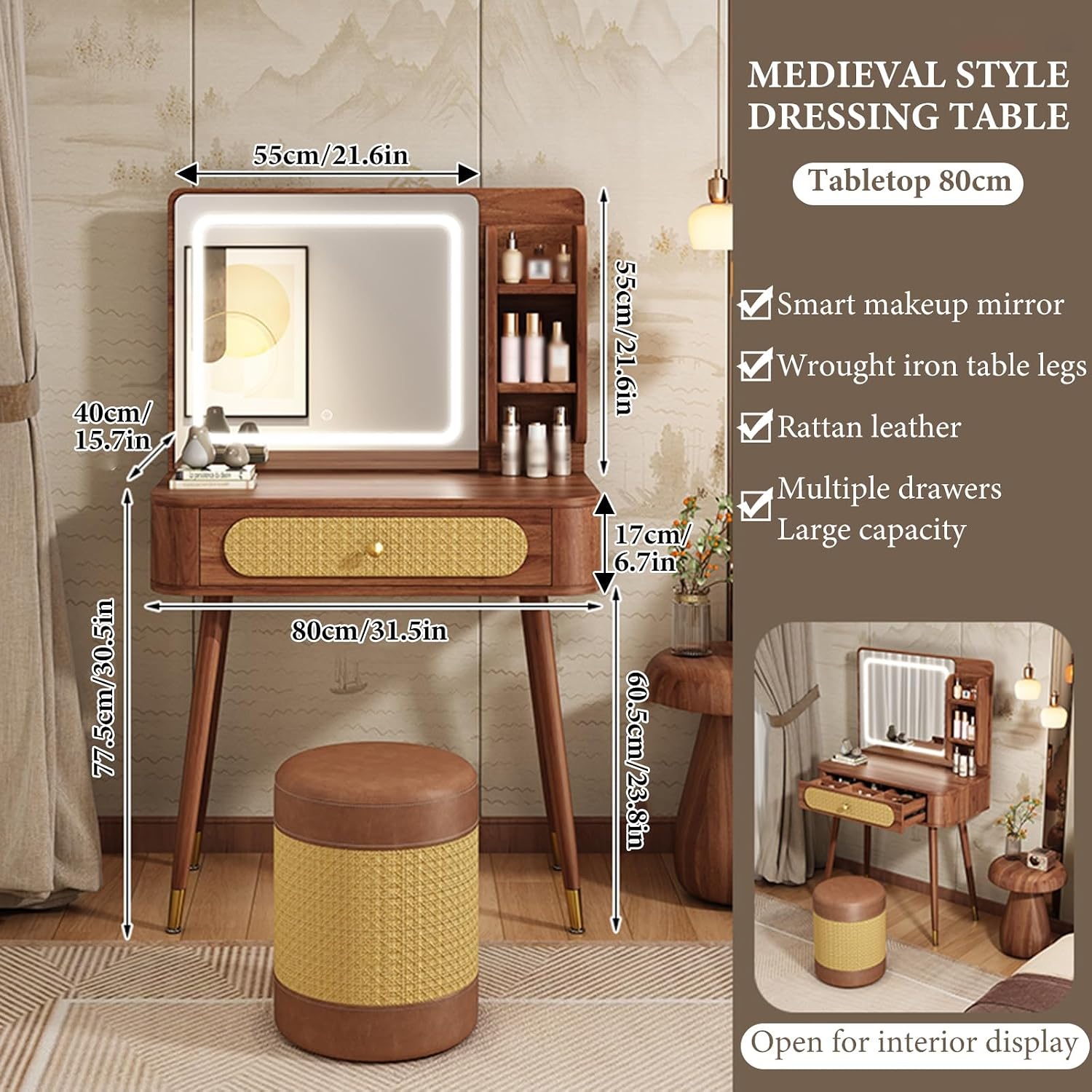 Vanity Mirror with Lights,small Make Up Vanity Desk Medieval Style,with 3 Color Touch Screen Dimming Mirror,with 1 Drawers,Large Vanity Tabel Set,Storage Bench Bedroom Small Space(80cm/31.5in)