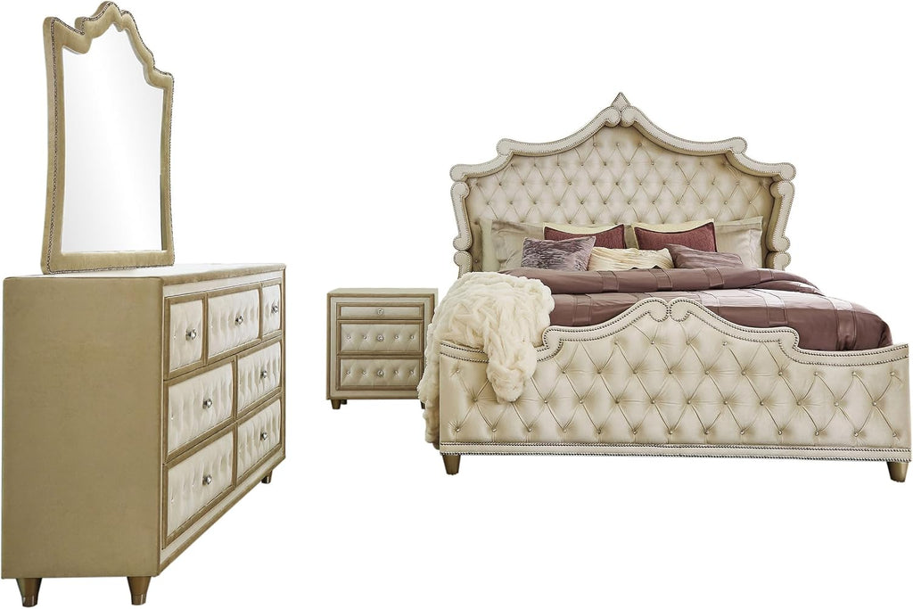 Coaster Home Furnishings Antonella Modern Classic 4-Piece Bedroom Set Velvet Upholstered California King Size Panel Bed Frame 79-inch Headboard Ivory and Camel 223521KW-S4