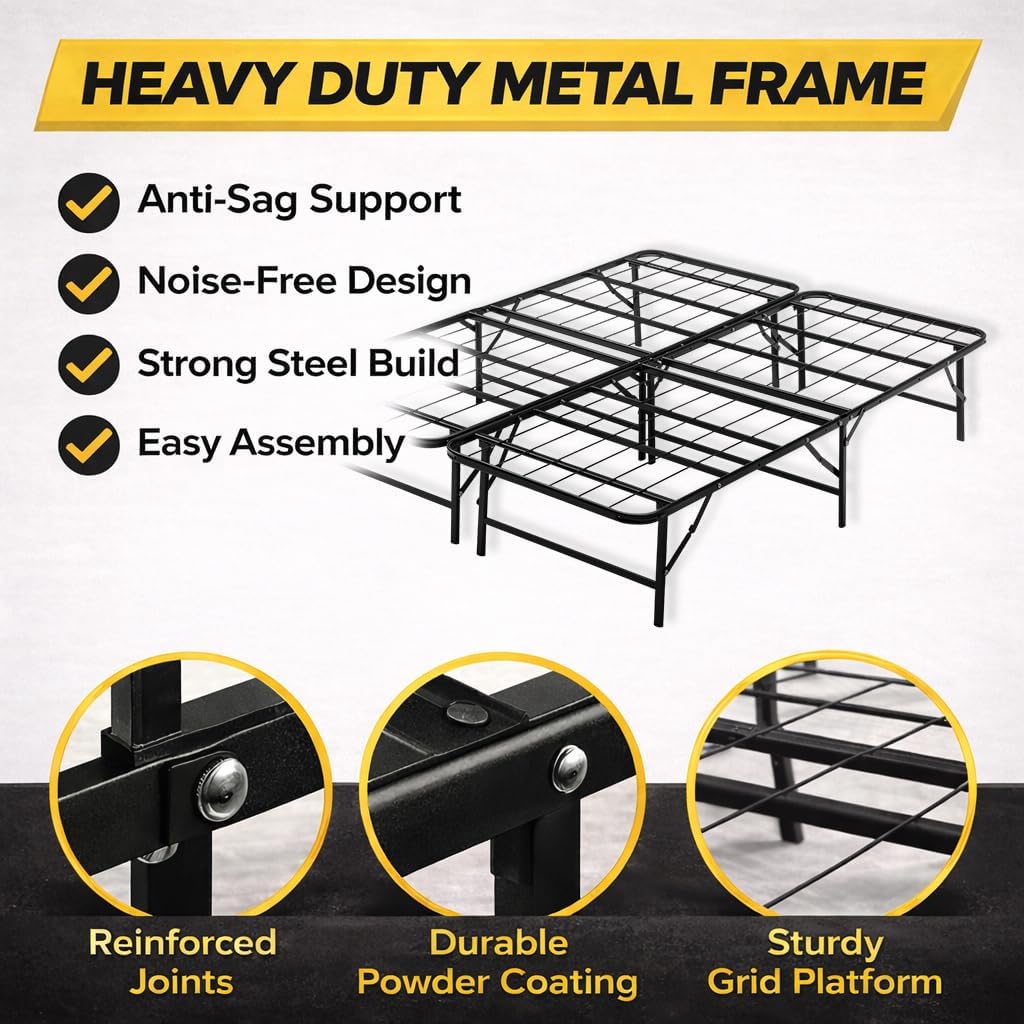 Greaton, 14-Inch Foldable Metal Platform Bed Frame with Tool Free Setup, Sturdy Steel, No Box Spring Needed, Queen, Black