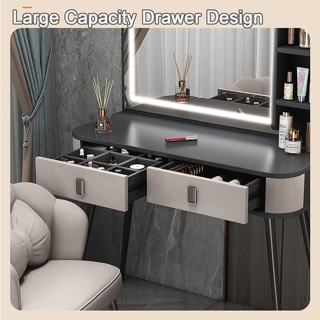 Rieort Vanity Desk MDF Vanity Table Set with Flip Top Lighted Mirror Makeup Table Cushioned Stool Home Nightstand Vanity Benches