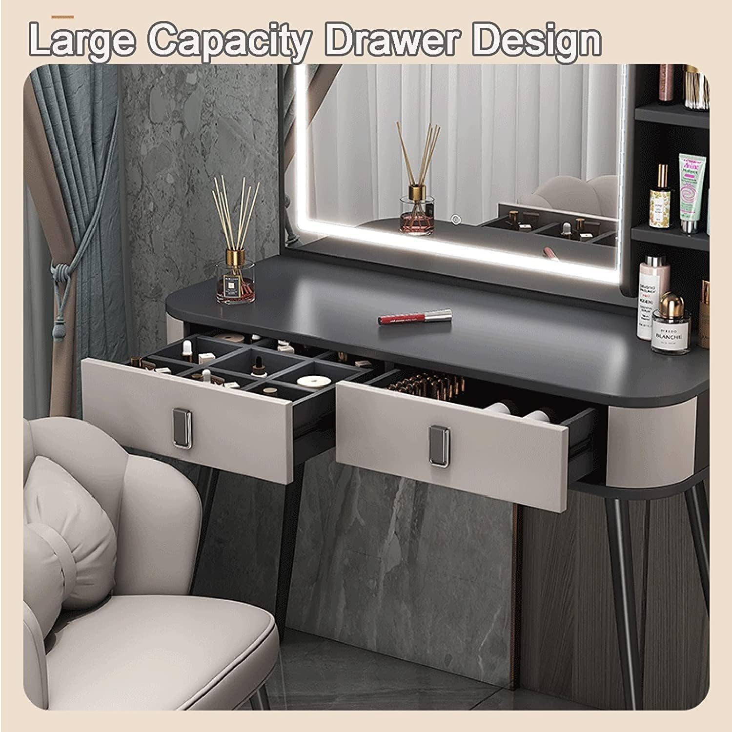 Rieort Vanity Desk MDF Vanity Table Set with Flip Top Lighted Mirror Makeup Table Cushioned Stool Home Nightstand Vanity Benches