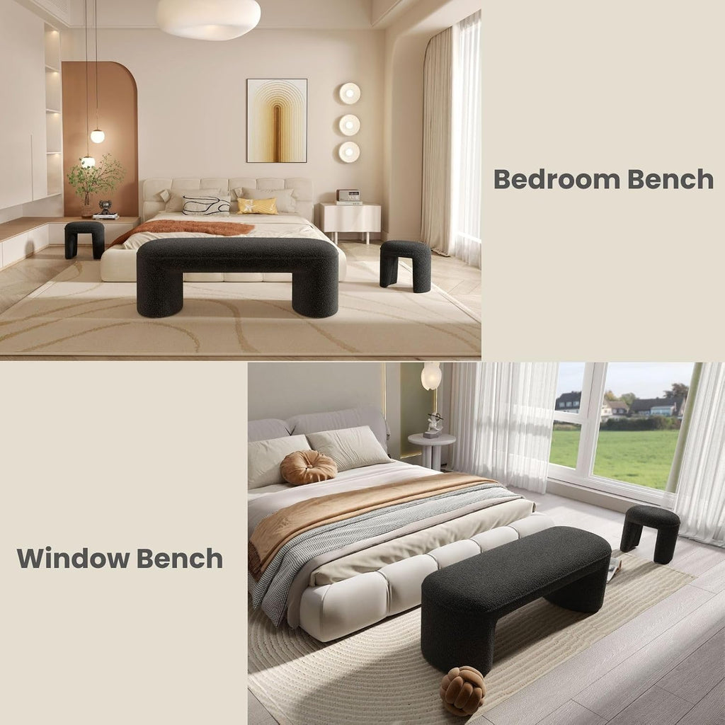 3-Piece Nesting Ottoman Bench Set，53' Long Upholstered End of Bed Bench with 2 15' Foot Stools Sherpa Modern Arched Bench Comfy Entry Bench Vanity Stools for Living Room Bedroom, Black