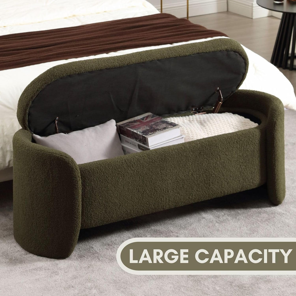 ROCTY Green Boucle Storage Bench - 50' Sherpa End of Bed Ottoman with Seating and Storage for Bedroom, Entryway, Living Room, Vanity or Makeup Room - Teddy Fabric