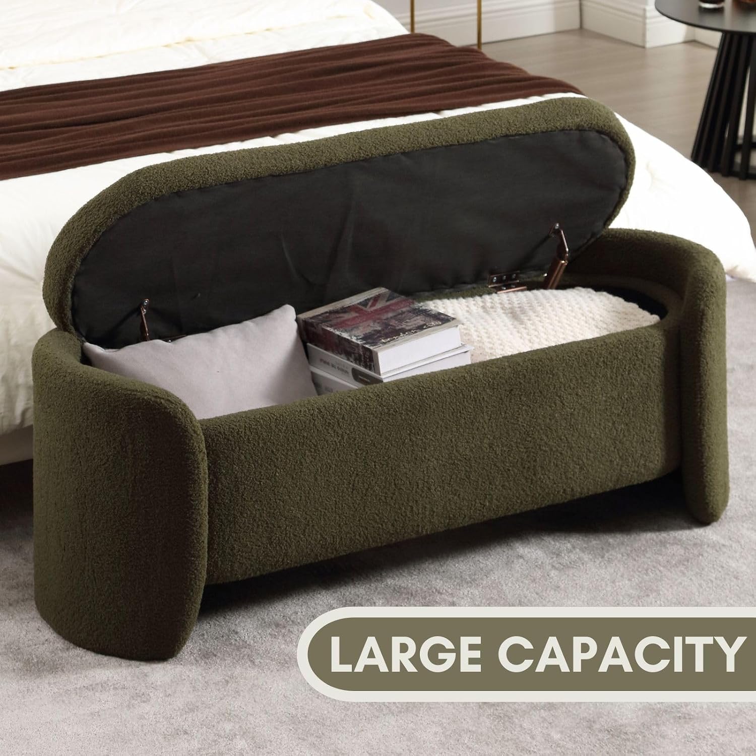 ROCTY Green Boucle Storage Bench - 50' Sherpa End of Bed Ottoman with Seating and Storage for Bedroom, Entryway, Living Room, Vanity or Makeup Room - Teddy Fabric