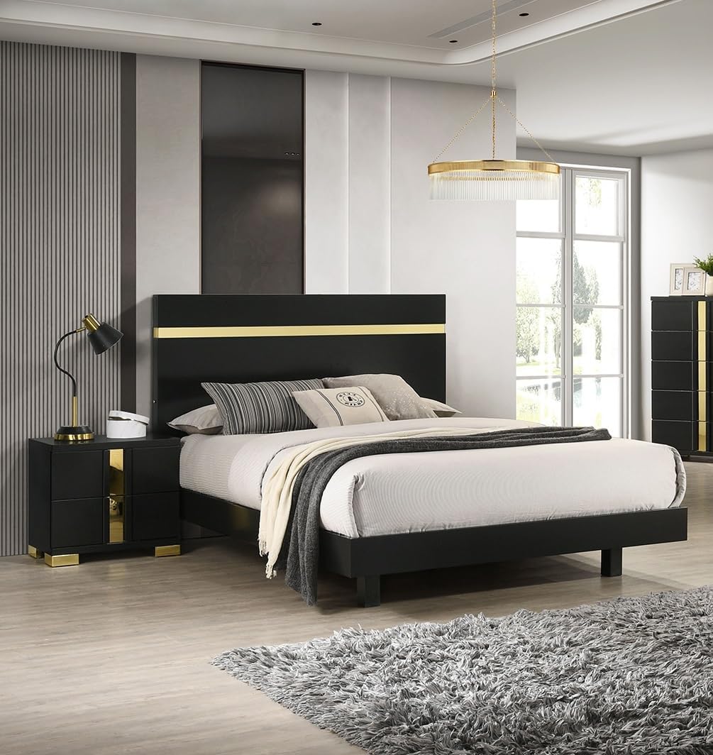 Black 3pc Bedroom Set King Size Bed w LED 2X Nightstands Mattress Ready Furniture Acrylic Trim