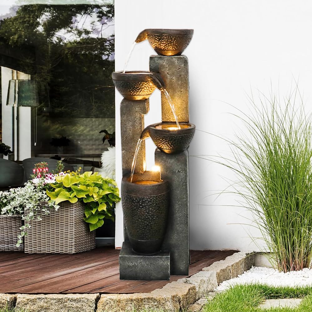 Outdoor Garden Water Fountain-Indoor Polyresin Waterfall Floor-Standing Fountains with LED Lights for Garden, Patio, Deck, Porch, Yard Art Decor (40inch)