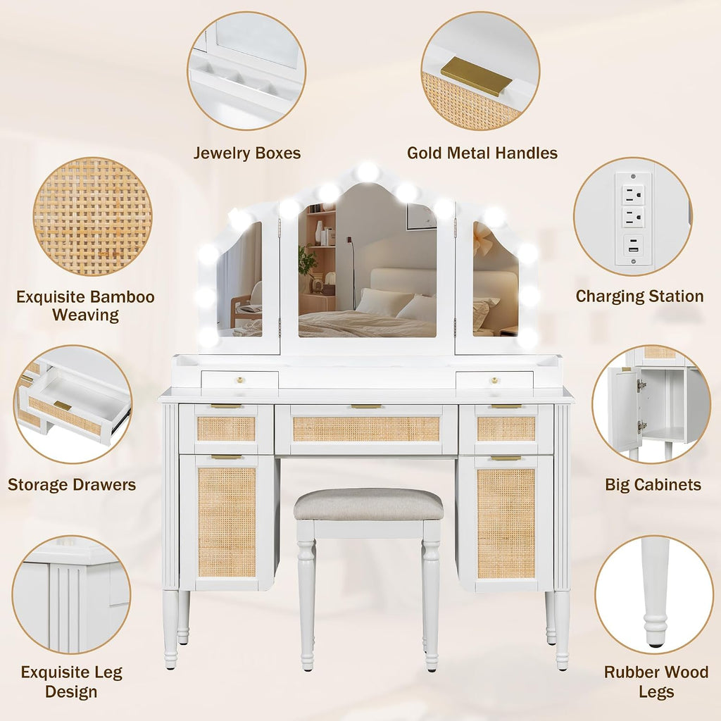 JIJIWANG 44.37' Makeup Vanity Desk with 13 Hollywood Bulbs and 3 Lighting Modes, Dressing Table with Tri-Fold Mirror, Large Vanity Table with 5 Drawers and Shelves and 2 Cabinets for Bedroom, White