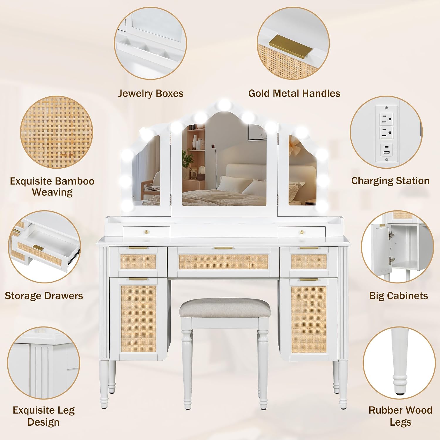 JIJIWANG 44.37' Makeup Vanity Desk with 13 Hollywood Bulbs and 3 Lighting Modes, Dressing Table with Tri-Fold Mirror, Large Vanity Table with 5 Drawers and Shelves and 2 Cabinets for Bedroom, White
