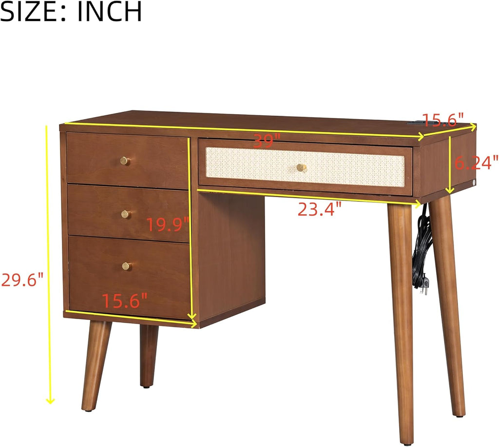 JIVOIT Vanity Table Set with Stool, 39' Retro Bohemian Style Dressing Table 3 Storage Drawers and 1 Rectangular Rattan Drawer, Wooden Makeup Vanity Set for Small Space (Walnut,Vanity Set)