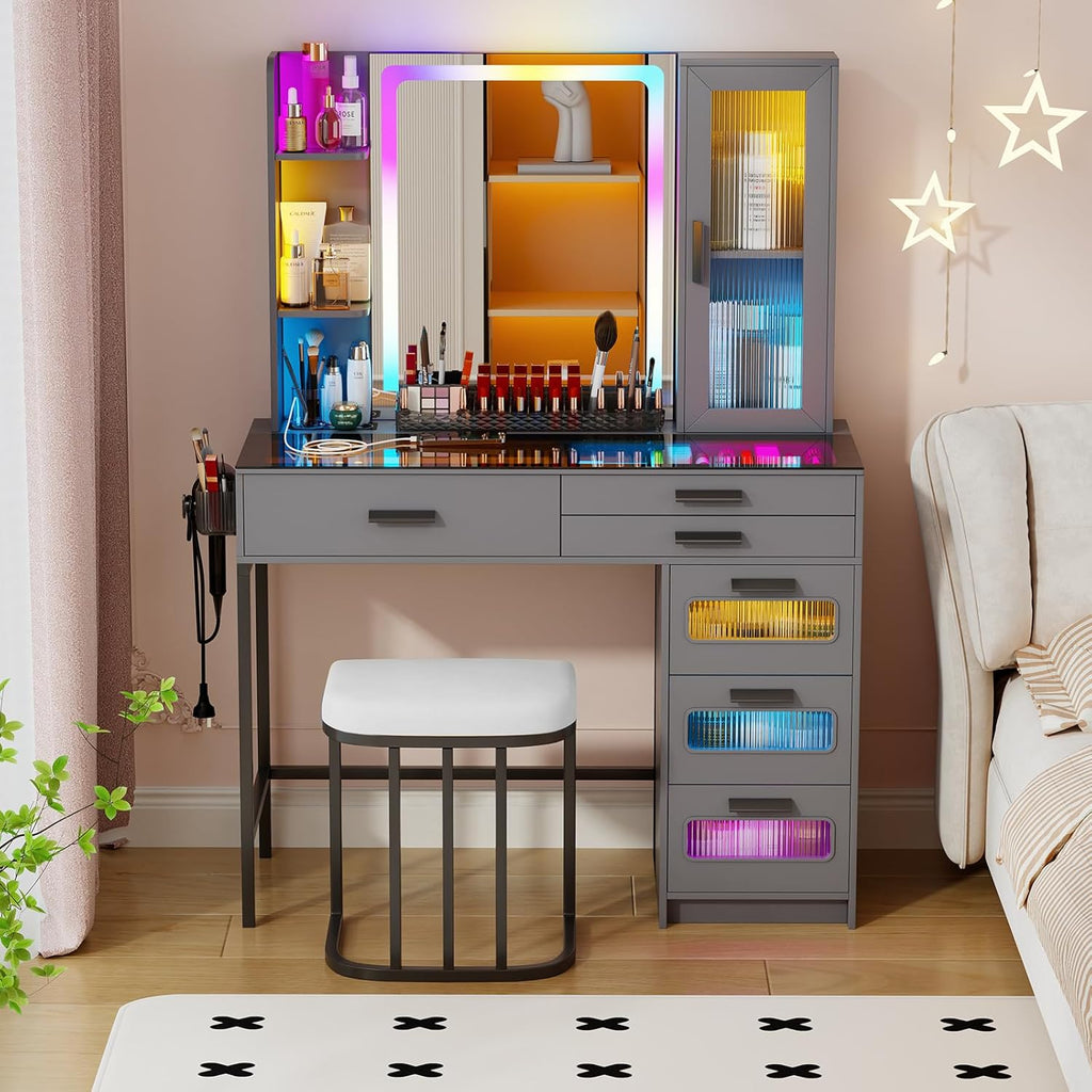 Grey Makeup Vanity Desk with Mirror and Lights,Vanity Table Set with Charging Station, Dressing Table with RGB Cabinets,Girls Vanity with Makeup Organizer and Drawers