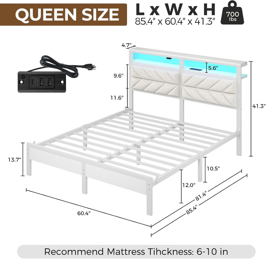 Seventable Bed Frame Queen Size with Charging Station, LED Bed with Upholstered Storage Headboard, Metal Platform Bed with Under Storage, No Box Spring Needed, Noise Free, Easy Assembly, White