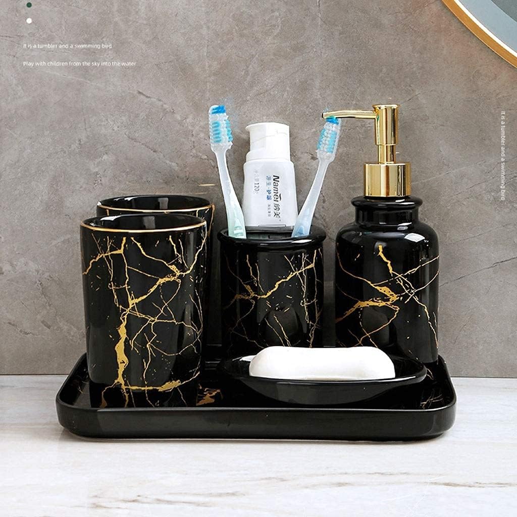 Vanity Bathroom Decor, Nordic Ceramics Bathroom Accessories Set Imitation Marble Toothbrush Holder Soap Dispenser Cup Soap Dish Housewarming Gift(Black,6pcs)