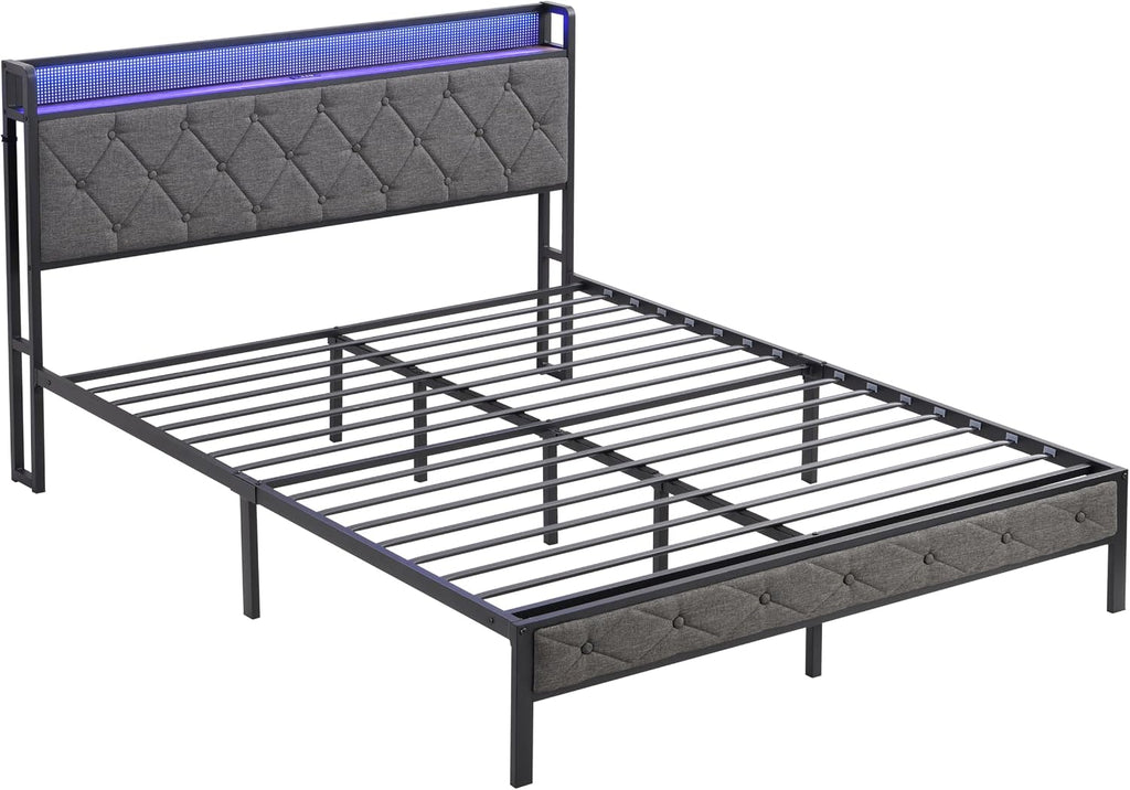 Full Size Bed Frame with Storage Headboard, Charging Station and LED Lights, Upholstered Platform Bed W/Heavy Metal Slats, Noise Free, No Box Spring Needed, Dark Gray