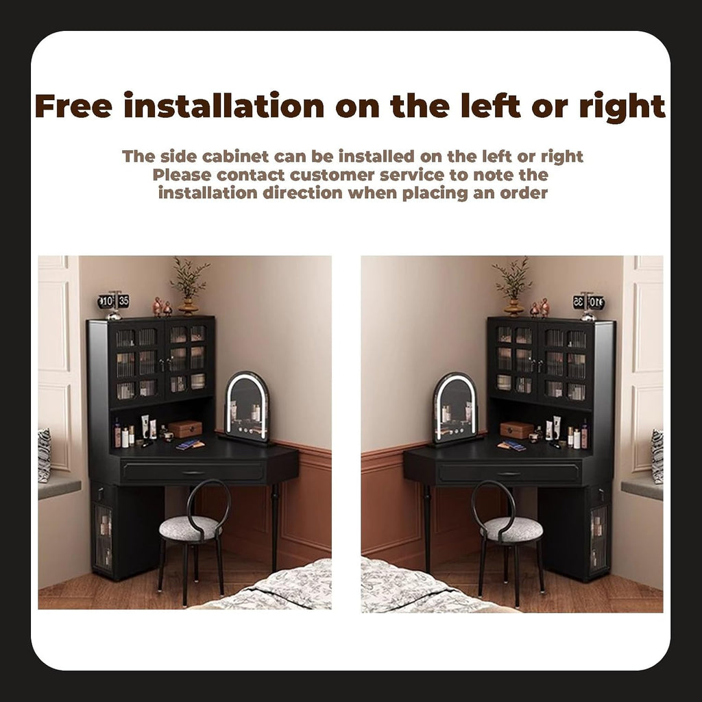 Black Corner Dressing Table Without Mirror,Makeup Vanity Table with Cabinet & Shelf & Handheld Mirror,French(1 Side Cabinet_70CM)