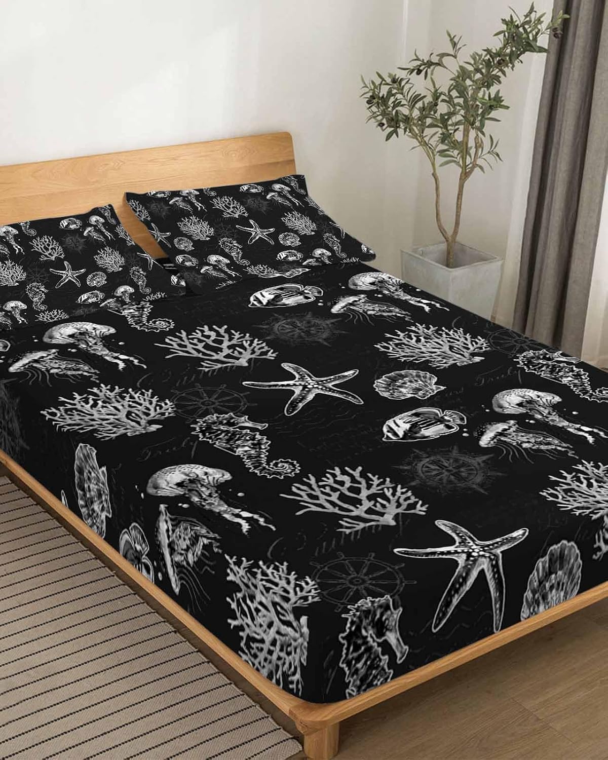 Black Coastal Cal King Sheet Set 4 Piece Bedding - Nautical Starfish Jellyfish Seahorse Breathable Comfy Cooling Bed Sheets & Pillowcase Sets,Hotel Luxury Flat Sheets Deep Pockets Fitted Sheet