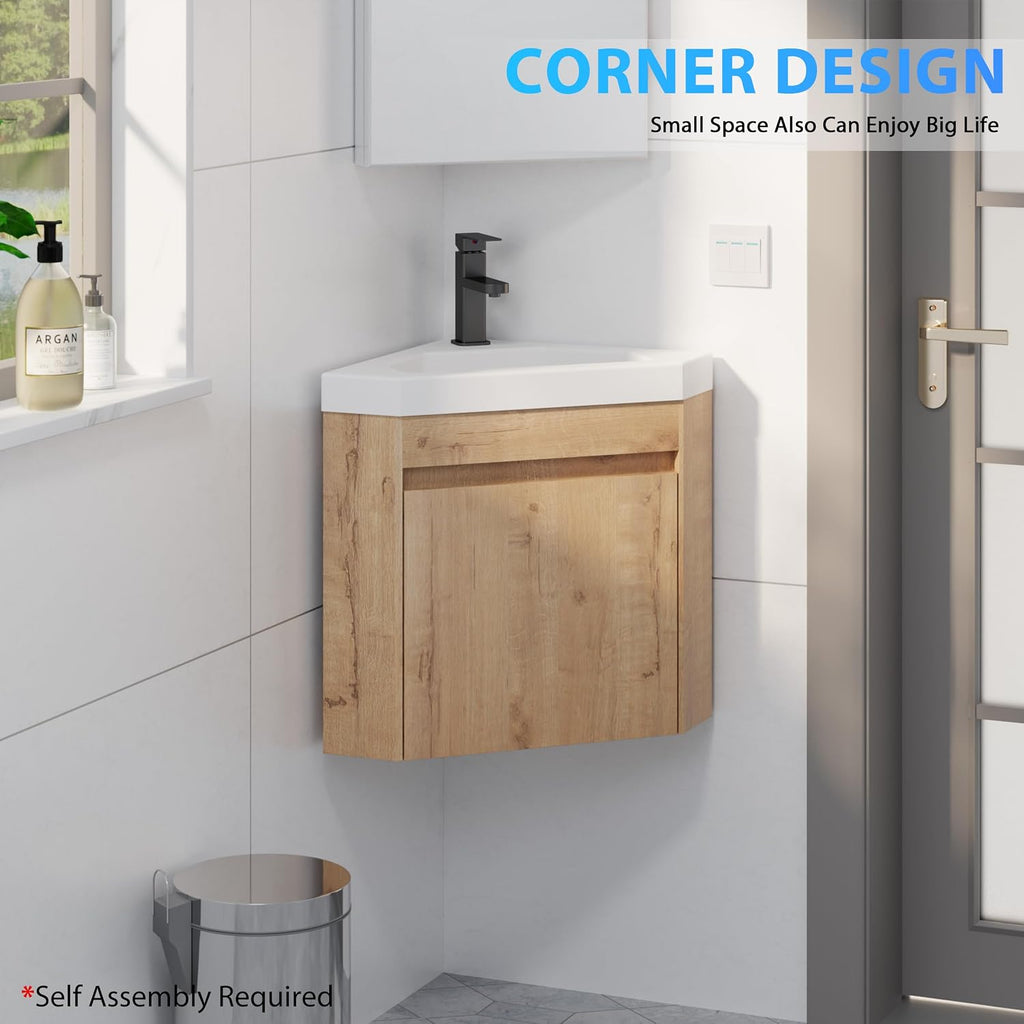eclife 22' Corner Bathroom Vanity Sink Combo for Small Space Wall Mounted Floating Cabinet with White Resin Sink and Matte Black Faucet, Natural