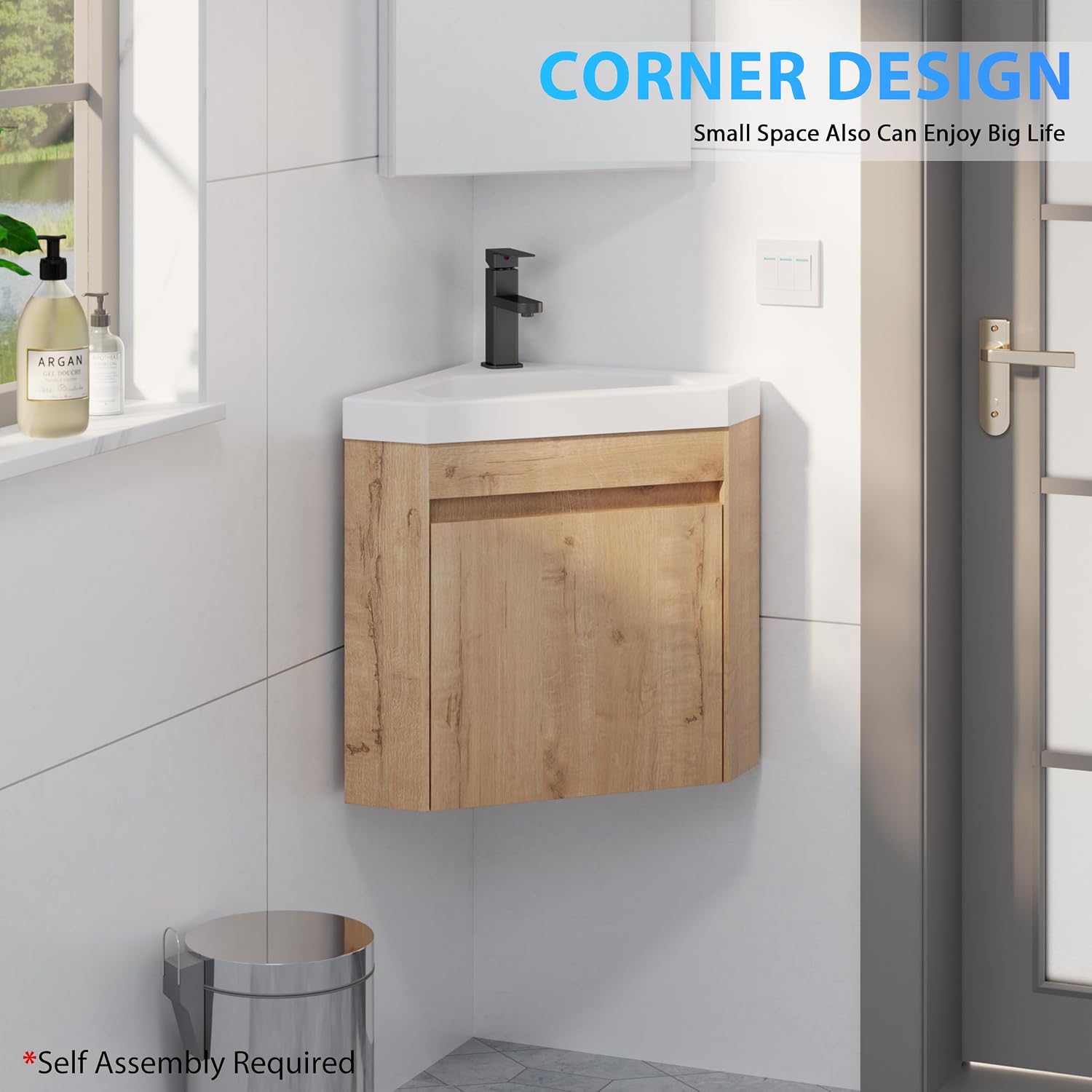 eclife 22' Corner Bathroom Vanity Sink Combo for Small Space Wall Mounted Floating Cabinet with White Resin Sink and Matte Black Faucet, Natural