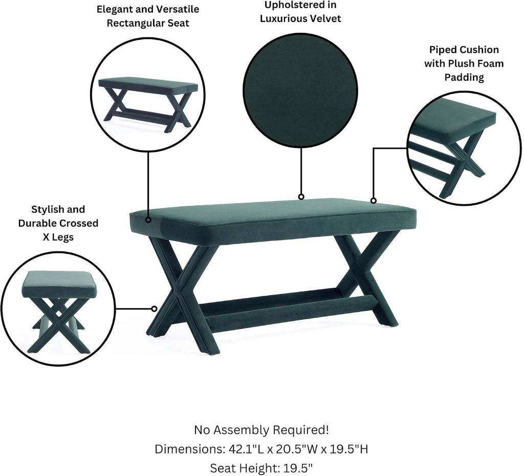 Manhattan Comfort Abigail Double Ottoman Bench Upholstered in Velvet Fabric, Luxurious Accent Vanity Stool with Stylish X-Crossed Legs, Solid Wood Frame, Plush Piped Cushion, Fully Assembled, Green