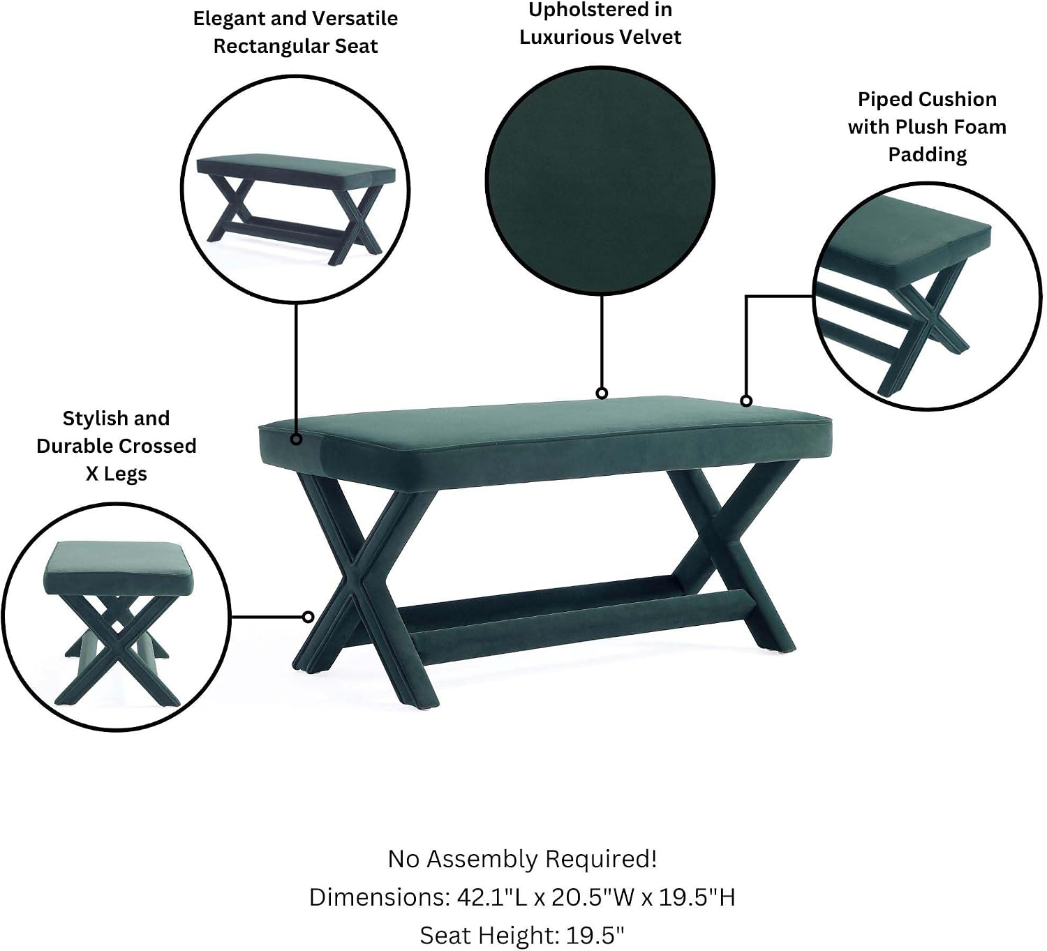 Manhattan Comfort Abigail Double Ottoman Bench Upholstered in Velvet Fabric, Luxurious Accent Vanity Stool with Stylish X-Crossed Legs, Solid Wood Frame, Plush Piped Cushion, Fully Assembled, Green