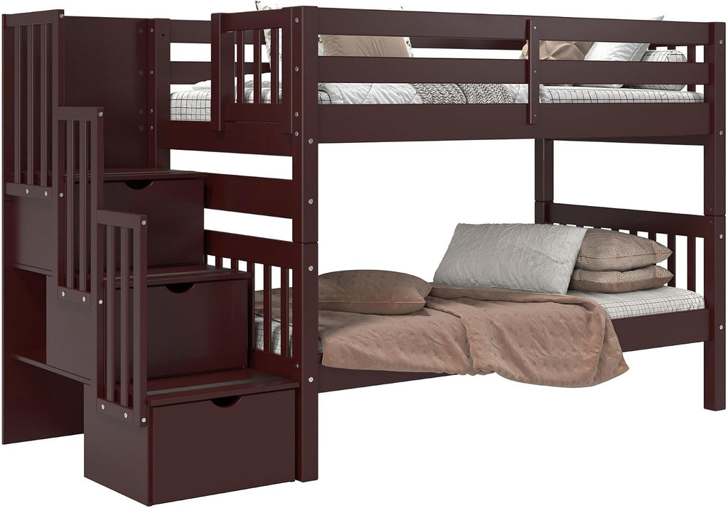 Bedz King Stairway Bunk Beds Twin Over Twin, 3 Step Drawers, Dark Cherry