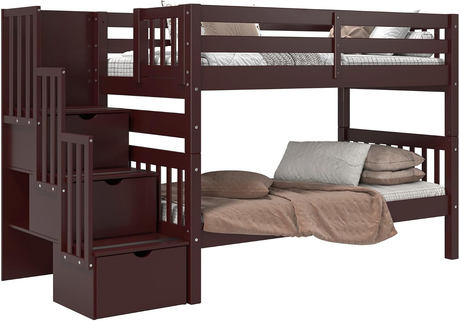 Bedz King Stairway Bunk Beds Twin Over Twin, 3 Step Drawers, Dark Cherry