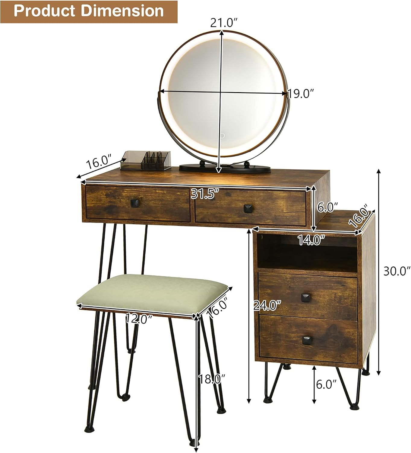 DORTALA Vanity Set, Wooden Makeup Dressing Table with 3 Colors Lighted Mirror & Stool, Left or Right Side Cabinet, Lipstick Storage Box, Large Storage Drawers, Bedroom Vanity Desk Set, Rustic Brown